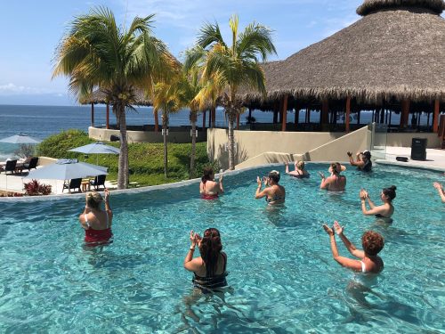 People in a resort pool raising their hands, with palm trees and a thatched-roof building in the background by the sea.