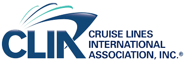 CLIA logo for Cruise Lines International Association, Inc., featuring blue bold letters 'CLIA' with teal waves and the full org name to the right.