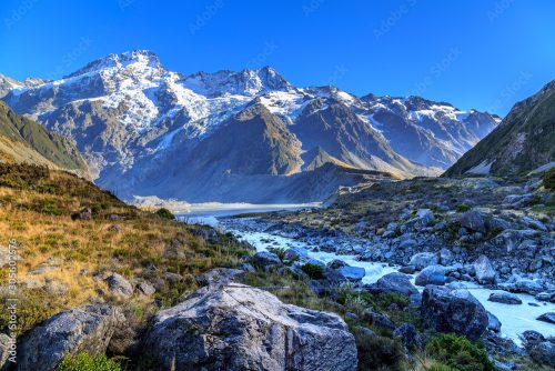 Snowy alpine mountains with a rocky river valley in the foreground under a blue sky.
