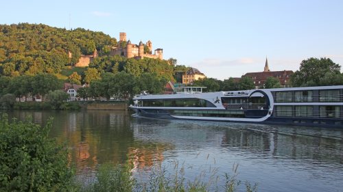 Modern river cruise ship on a calm river with a medieval castle atop a forested hill in the background.