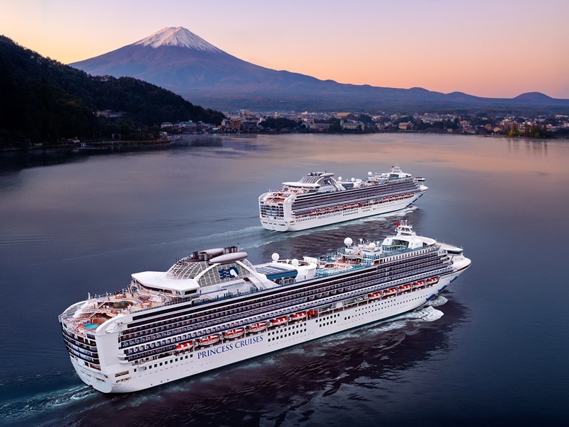 Two large Princess Cruises ships sail on a calm bay at sunset with a mountain and town in the distance.