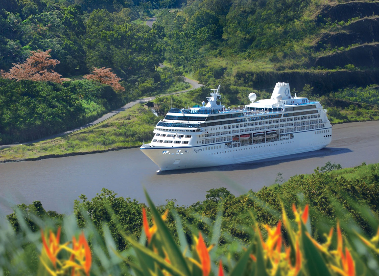 Large white cruise ship sailing on a calm river with green hills and tropical plants in the foreground